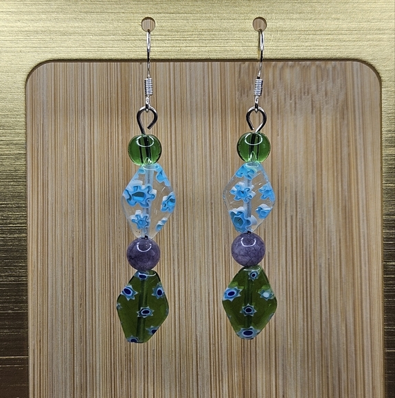 Exquisite Handmade by me Dangle Earrings 925 hooks, millefiori style bead - Picture 1 of 4